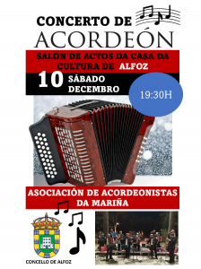 CONCERTO DE LA ASOCIACIÓN DE ACORDEONISTAS DE LA MARIÑA. SÁBADO 10 DE  DICIEMBRE.