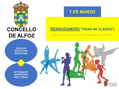 LUNES 1 DE MARZO: REAPERTURA DE LAS ESCUELAS DEPORTIVAS MUNICIPALES Y ACTIVIDADES DEPORTIVAS DE ADULTOS EN LOS HORARIOS HABITUALES