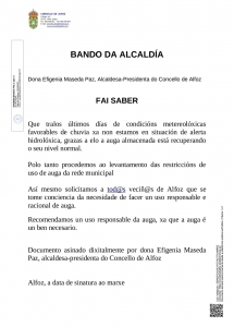 BANDO SOBRE EL LEVANTAMIENTO DE LAS RESTRICCIONES DE USOS NO PRIORITARIOS DEL AGUA EN LA TRA&Iacute;DA MUNICIPAL