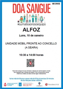 LUNES 10 DE ENERO DE 10:30 A 14:00H DELANTE DEL AYUNTAMIENTO ESTARÁ LA UNIDAD MÓVIL DE DONACIÓN DE SANGRE