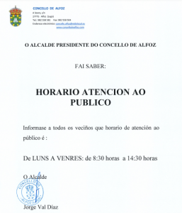 NUEVO HORARIO DE LAS OFICINAS DEL AYUNTAMIENTO DE ALFOZ: VERANO 2022. Del 15 de junio al 31 de agosto.