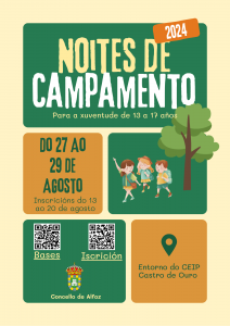 NOCHES DE CAMPAMENTO 2024. 27-28-29 DE AGOSTO. INSCRIPCIÓN A PARTIR DEL 13 HASTA EL 20 DE AGOSTO EN LA OFICINA DE REGISTRO DEL AYUNTAMIENTO DE ALFOZ O EN LA SEDE ELECTRÓNICA (descarga pinchando en la noticia y accediendo al enlace)