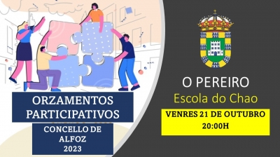 REUNIÓN PRESUPUESTO MUNICIPAL PARTICIPATIVO: O PEREIRO-VIERNES 21 A LAS 20:00H EN LA ESCOLA DO CHAO