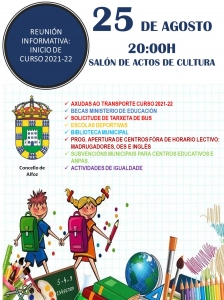 Reunión informativa Curso 21-22:  25 de agosto a las 20:00h en el Salón de Actos de la Casa de la Cultura