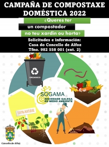 NUEVA CAMPAÑA DE COMPOSTAJE DOMÉSTICO DEL AYUNTAMIENTO DE ALFOZ Y SOGAMA. Si estás interesado/a en hacer tu propio compost infórmate en el Ayuntamiento o en el tfno. 982 558 001 (ext.2) para tener tu propio compostador y la formación necesaria.