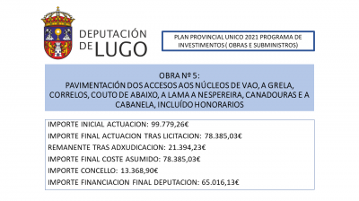 PLAN PROVINCIAL ÚNICO 2021. PROGRAMA DE INVESTIMIENTOS. PAVIMENTACIÓN DE LOS ACCESOS A LOS NÚCLEOS DE  VAO, A GRELA, CORRELOS, COUTO DE ABAIXO, A LAMA, A NESPEREIRA, CANADOURAS E A CABANELA.