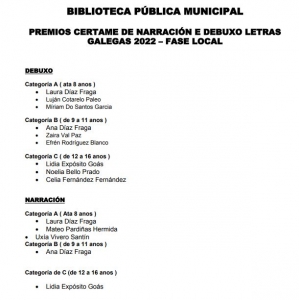 PREMIOS DEL CERTAMEN DE NARRATIVA Y DIBUJO LETRAS GALLEGAS DE LA BIBLIOTECA MUNICIPAL