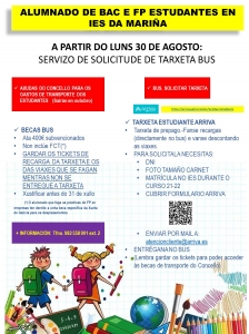ALUMNADO DE ALFOZ, FP E BAC, EN CENTROS EDUCATIVOS DA MARIÑA. AXUDAS E SOLICITUDE TARXETA PARA BUS