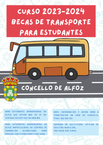 ABERTO O PRAZO PARA AS SOLICITUDES DE AXUDAS PARA O TRANSPORTE DE ESTUDANTES DE BAC E FP EN CENTROS PÚBLICOS DA COMARCA DA MARIÑA E PARA ALUMNADO CON DIVERSIDADE FUNCIONAL QUE ASISTA A CENTROS DE FORMACIÓN OCUPACIONAL DA MARIÑA. CURSO 2023-2024.