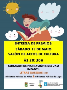 PREMIADOS E PREMIADAS NO CERTAME DE NARRATIVA E DEBUXO LETRAS GALEGAS 2021 BIBLIOTECA PÚBLICA DE ALFOZ