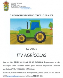 ITV DE VEHÍCULOS AGRÍCOLAS DO 25 AO 28 DE OUTUBRO EN ALFOZ