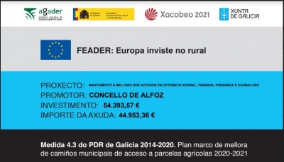 PLAN MARCO DE MELLORA DE CAMI&Ntilde;OS MUNICIPAIS DE ACCESO A PARCELAS AGR&Iacute;COLAS 2020-2021. Cofinanciado co Fondo Europeo Agr&iacute;cola de Desenvolvemento Rural (FEADER).