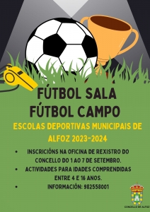 PRAZO DE INSCRICIÓN PARA FÚTBOL CAMPO E FÚTBOL SALA DAS ESCOLAS DEPORTIVAS MUNICIPAIS DE ALFOZ