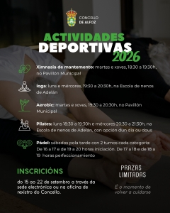 ABERTO O PRAZO DE INSCRICI&Oacute;N PARA AS ACTIVIDADES DEPORTIVAS 2026 DO CONCELLO DE ALFOZ