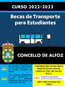 ABERTO O PRAZO PARA AS SOLICITUDES DE AXUDAS PARA O TRANSPORTE DE ESTUDIANATES DE BAC E FP EN CENTROS PÚBLICOS DA COMARCA DA MARIÑA E PARA ALUMNADO CON DIVERSIDADE FUNCIONAL QUE ASISTA A CENTROS DE FORMACIÓN OCUPACIONAL DA MARIÑA. CURSO 22-23