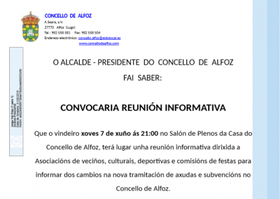 REUNI&Oacute;N INFORMATIVA PARA O TR&Aacute;MITE DE SUBVENCI&Oacute;NS E AXUDAS